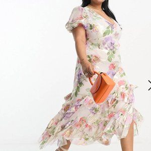 ASOS Design Curve ruffle frill hem maxi dress in lurex rose print. Size US 16